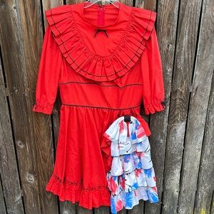 Vintage Ruffle Dress Red Square Dancing Bow Bib Costume Twirl Ladies